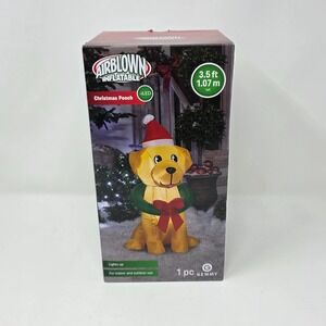 Gemmy Airblown Inflatable Dog Santa Hat Wreath LED Lights Christmas 3.5 Ft Pooch